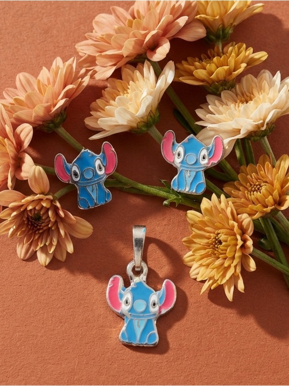Blue and Pink Kids Character Earrings and Pendant Stitch set 925